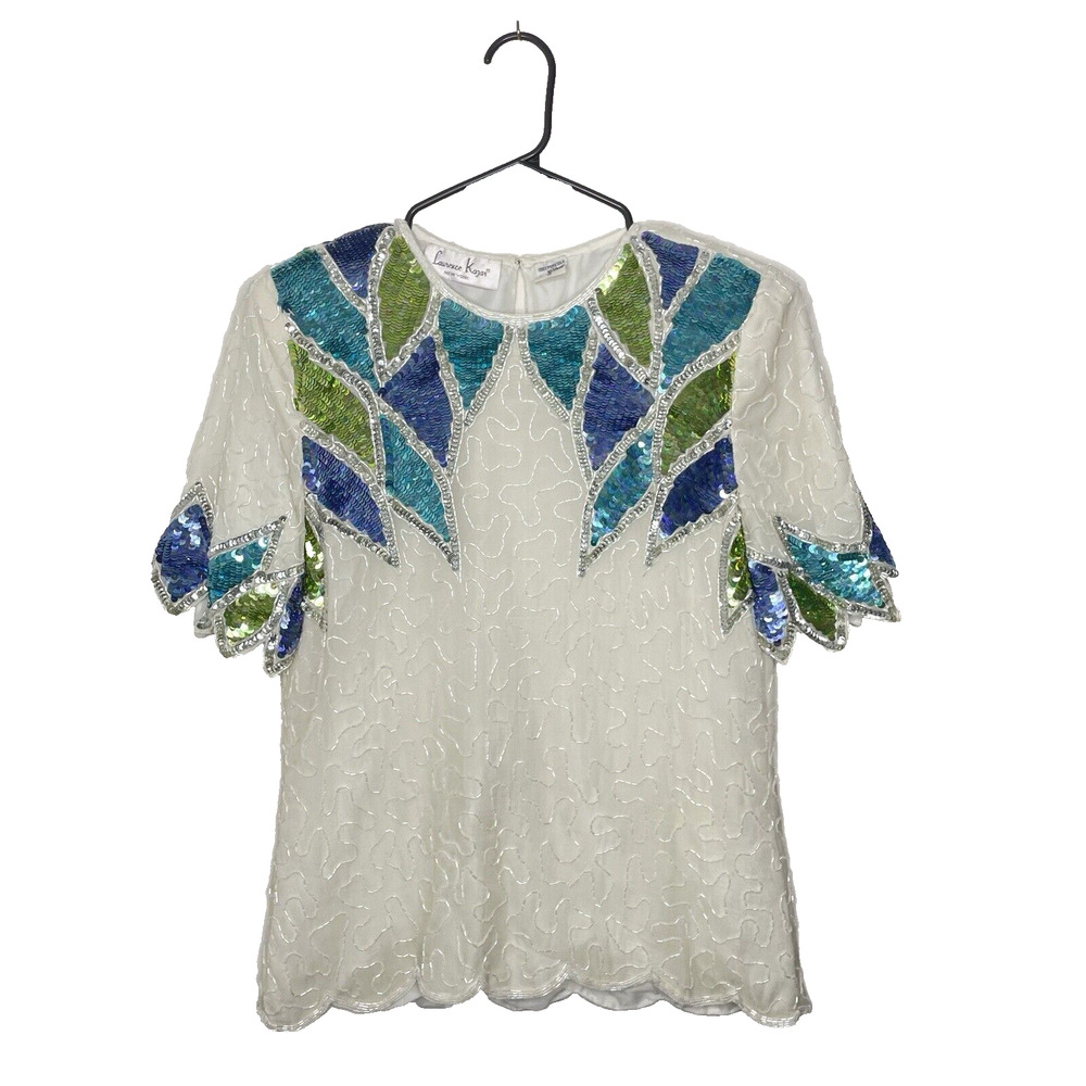 Vintage Womens Beaded Silk‎ Top Costume Retro 80s Sequined S Glam Sequins